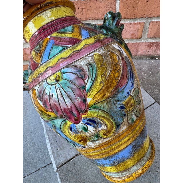 Rustic European Vintage Italian Majolica Sgraffito Glazed Terracotta Urn or Vase For Sale - Image 3 of 11