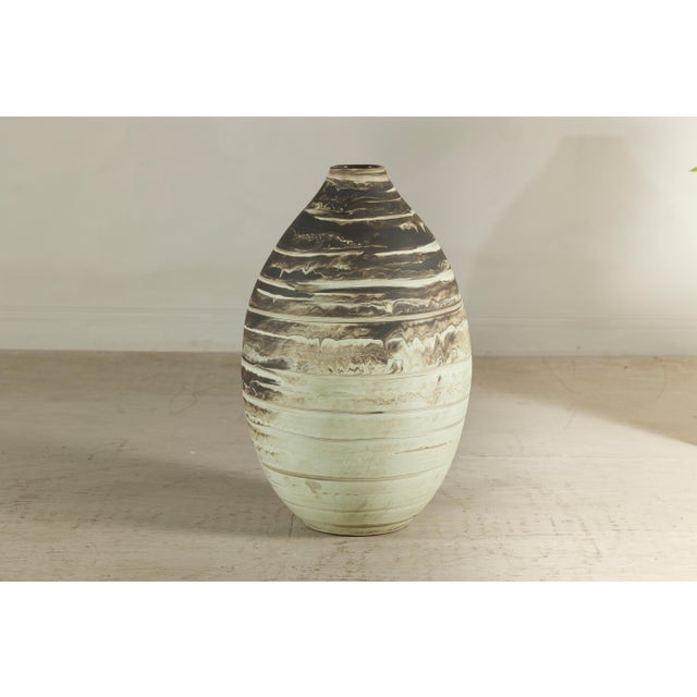 Late 20th Century Large Artisan Ceramic Vase with Cream and Brown Striped Glaze For Sale - Image 5 of 12