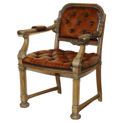 Antique William IV Chesterfield Oak & Brown Leather Desk Chair, 1830s For Sale