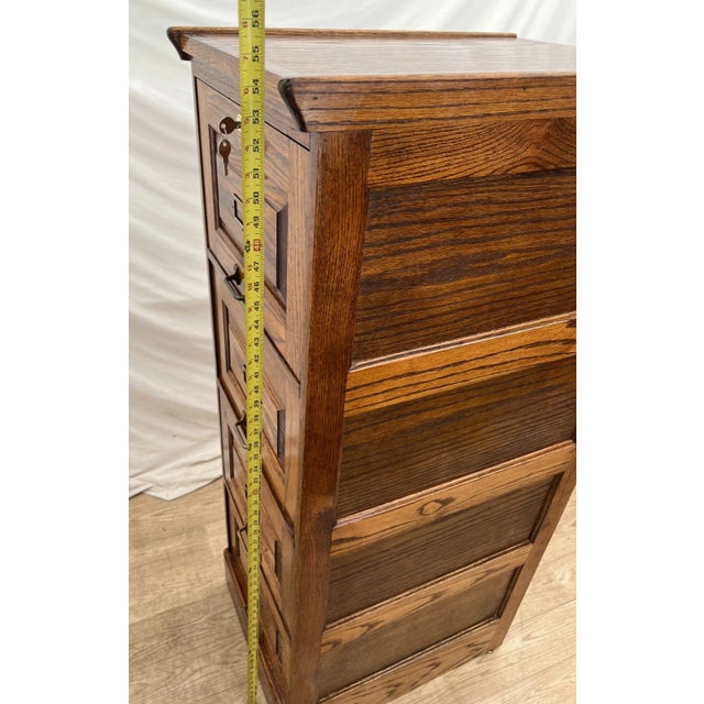 Brown Vintage Tiger Oak File Cabinet Four Drawers One Locks Paneled Sides Legal Size For Sale - Image 8 of 11