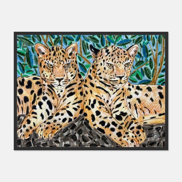 Contemporary Twin Leopards by Jelly Chen in Black Framed Paper, Small Art Print For Sale - Image 3 of 3