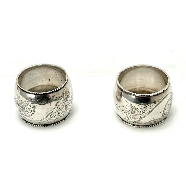 Silver Antique Germany 800 Grade Continental Coin Silver Napkin Rings With Hand Engraved Flowers - a Pair For Sale - Image 8 of 12