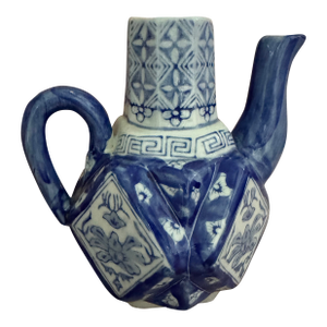 Vintage Blue & White Hexagonal Ceramic Teapot / Ewer