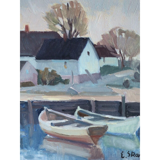 Mid-Century Modern 'Cottages by Quiet Water' Swedish Original Landscape Oil Painting, Framed For Sale - Image 9 of 11