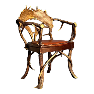 Black Forest Armchair - Distinctive Antler Back and Leather Upholstery C1900