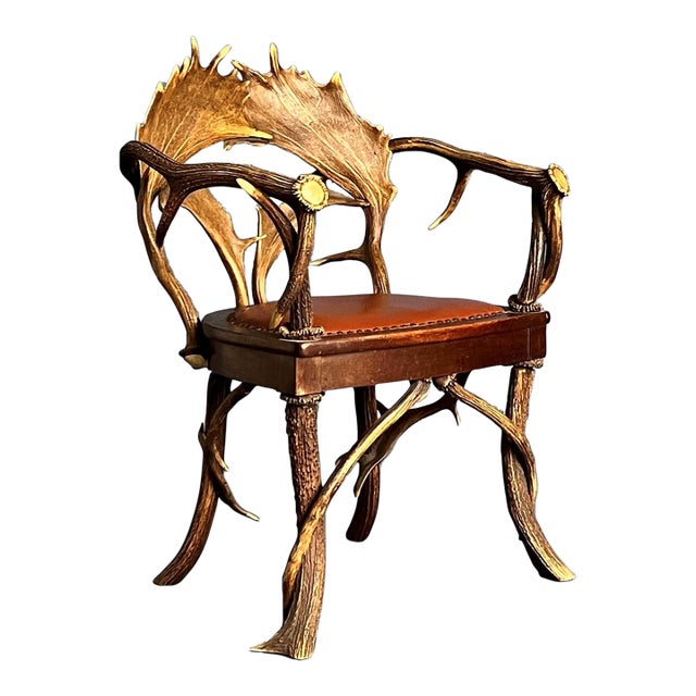 (Sale Pending) Black Forest Armchair - Distinctive Antler Back and Leather Upholstery C1900 For Sale