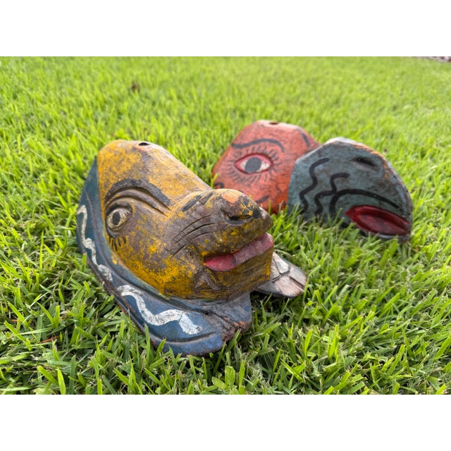 Mid-Century Modern Vintage Hand-Carved Wooden Folk Art Masks, Pair For Sale - Image 3 of 12