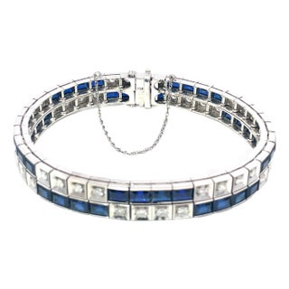 Art Deco Sapphire & Diamond Bracelet in 14k White Gold For Sale