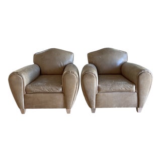 Distressed Leather Club Chairs - A Pair For Sale