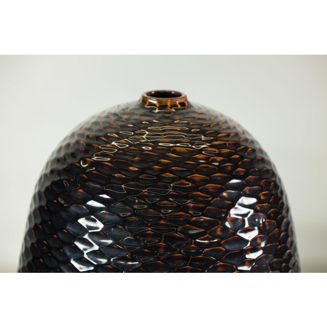 Artisan Large Honeycomb-Textured Ceramic Vase in Deep Brown and Black Glaze For Sale - Image 4 of 18