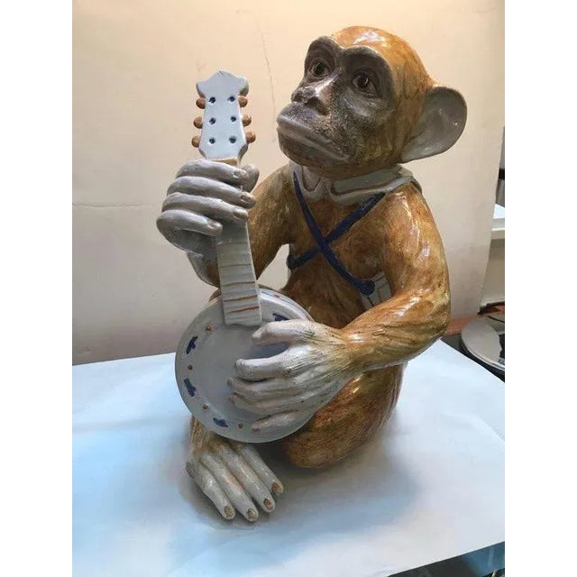 1980s Italian Faience Pottery Sculpture of a Monkey Musician For Sale - Image 5 of 9