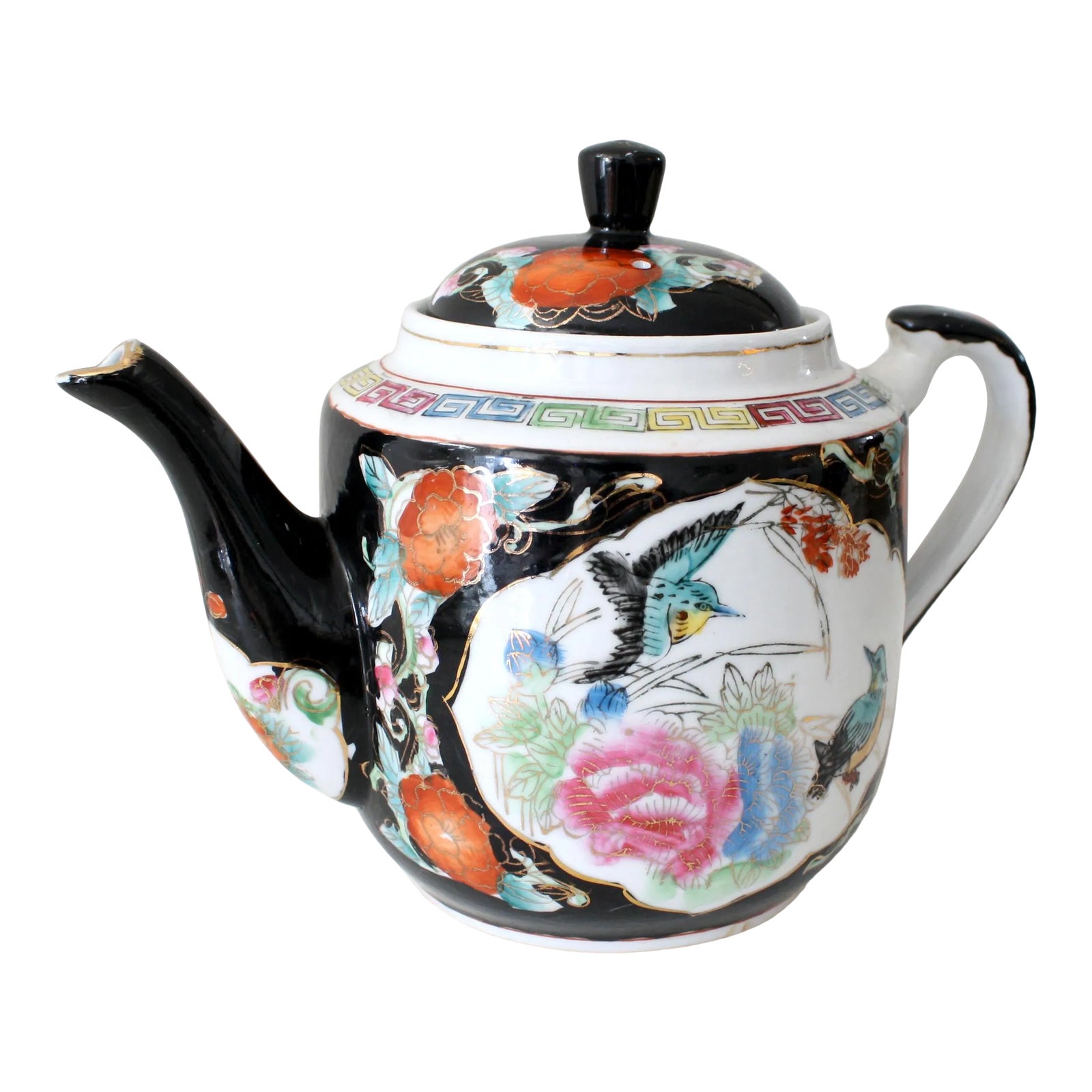 Chinoiserie Style Chinese Black Gold and Multi-Colored Greek Key Teapot ...