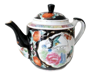 Chinoiserie Style Chinese Black Gold and Multi-Colored Greek Key Teapot