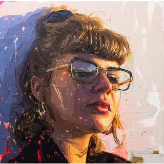 2/3 by Conrado López | Acrylic, gold leaf oil on canvas Portrait of a woman wearing glasses. For Sale