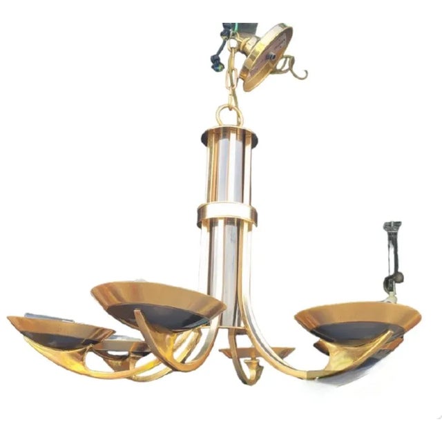 1960s Vintage Brass Dark Smoky Metal 6 Light Mid Century Modern Pietro Chiesa Parzinger Style Chandelier For Sale - Image 5 of 15