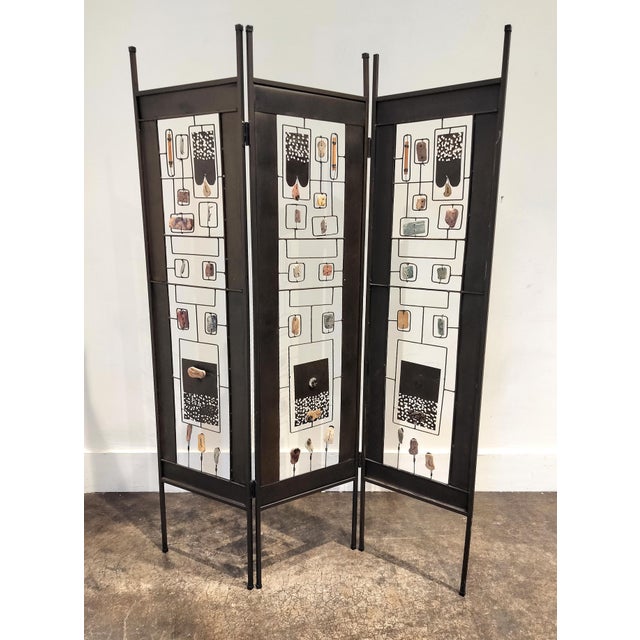 Postmodern Post Modern 80's 90's Iron Folding Screen With Wood and Stone Elements For Sale - Image 3 of 6