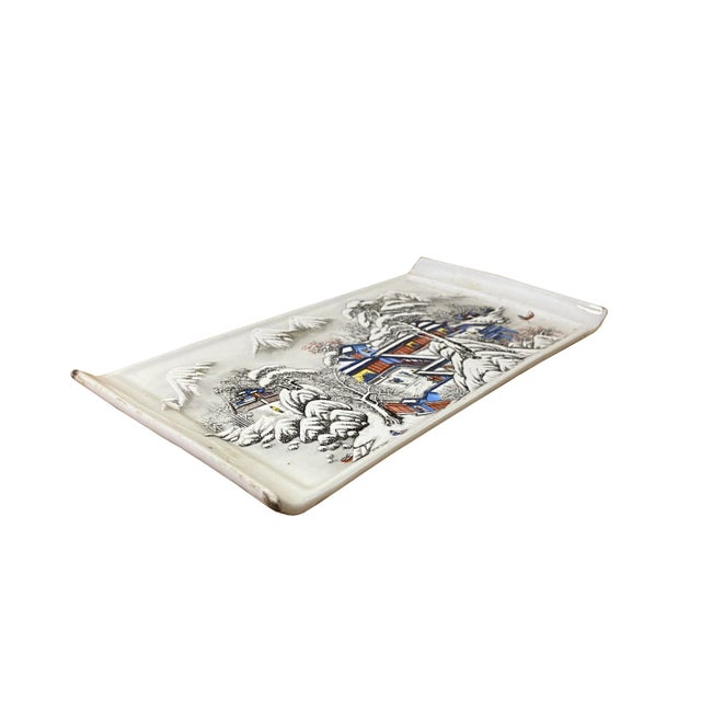 Asian Distressed White Porcelain Snow Trees House Rectangular Display Plate For Sale - Image 3 of 6