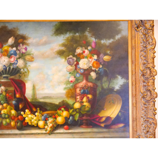 Gold Extra Large Gilt Wood Frame Oil / Canvas Flowers / Fruits Still Life Painting For Sale - Image 8 of 12
