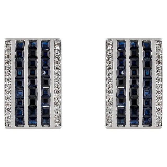 Metal Multi-Stripe Blue Sapphire & Diamond Bar Earrings in 925 Sterling Silver, A Pair For Sale - Image 7 of 11