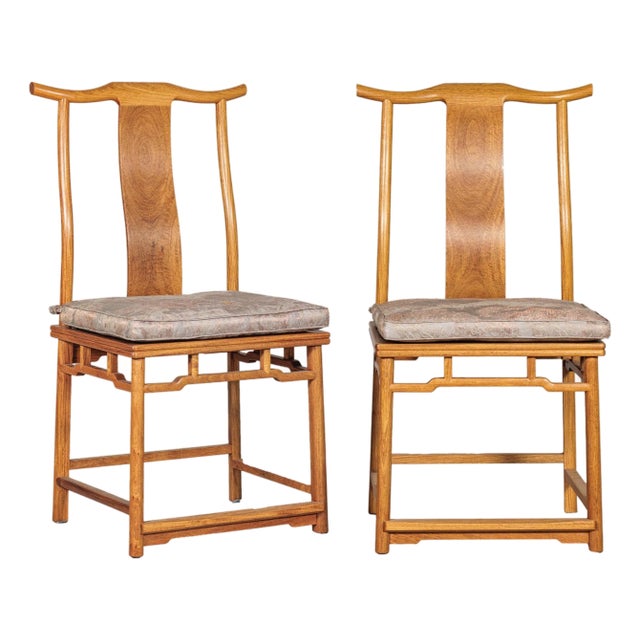 Chinese Lamp Hanger Elm Wood Chairs with Upholstered Cushions - A Pair For Sale