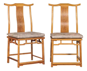 Chinese Lamp Hanger Elm Wood Chairs with Upholstered Cushions - A Pair