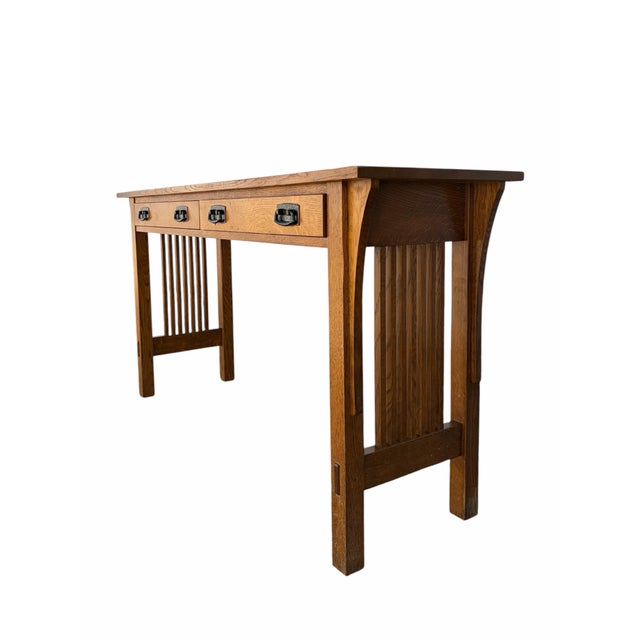 L. & J.G. Stickley Mission or Arts & Crafts spindle sideboard, buffet server, or console table. Constructed of quarter...