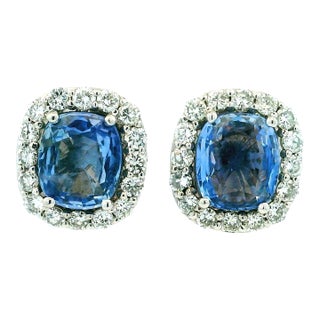 Ceylon Sapphire Diamond Cluster Earrings in 18k White Gold, 8.5 Carats, A Pair For Sale