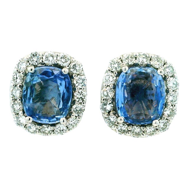 Ceylon Sapphire Diamond Cluster Earrings in 18k White Gold, 8.5 Carats, A Pair For Sale