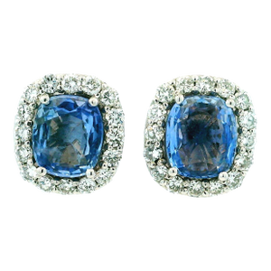 Ceylon Sapphire Diamond Cluster Earrings in 18k White Gold, 8.5 Carats, A Pair