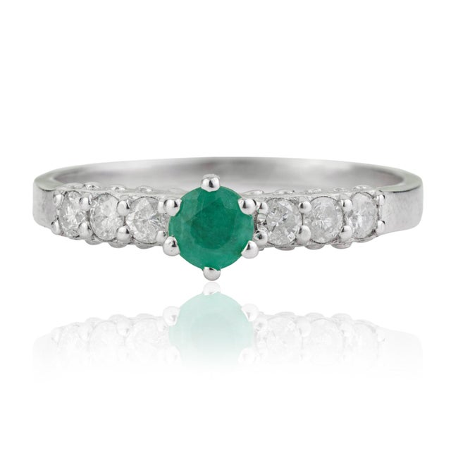 Contemporary Contemporary 6 Prong Set 0.32 Ct Natural Emerald Ring and Pave Diamonds Size 7 For Sale - Image 3 of 12