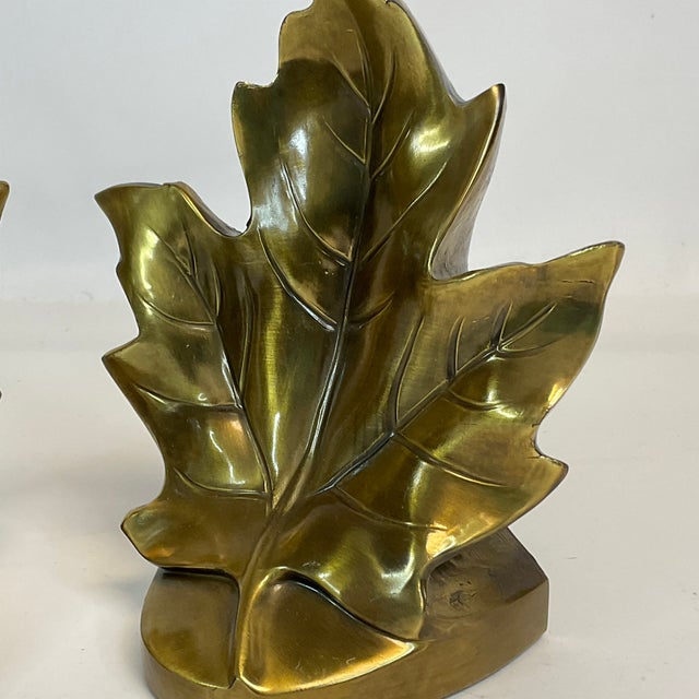 1980s Vintage Hollywood Regency Brass Maple Leaf Bookends, Heavily