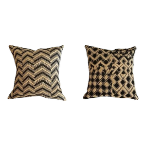 Graphic Kuba Shoowa Raffia Grass + Silk Pillows, Set of 2 (Congo), Hand-Sewn