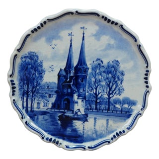 Antique Dutch Delft Hand Painted Blue & White Plate Oostpoort Water Cityscape 6" For Sale