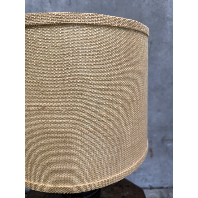 Vintage Mid Century Ceramic Table Lamp Teal Green Banded Burlap Shade For Sale - Image 10 of 10