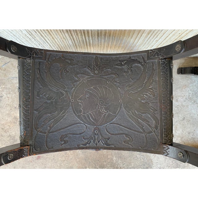Wood 19th Century Pair of Carved Walnut Tooled Leather Savonarola Bench or Settee For Sale - Image 7 of 18
