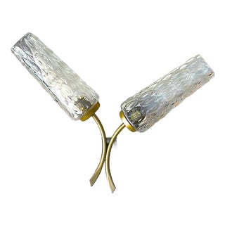 Mid-Century Modern Brass and Textured Glass Double Wall Sconce, 1950s For Sale