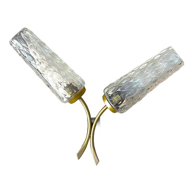 Mid-Century Modern Brass and Textured Glass Double Wall Sconce, 1950s For Sale