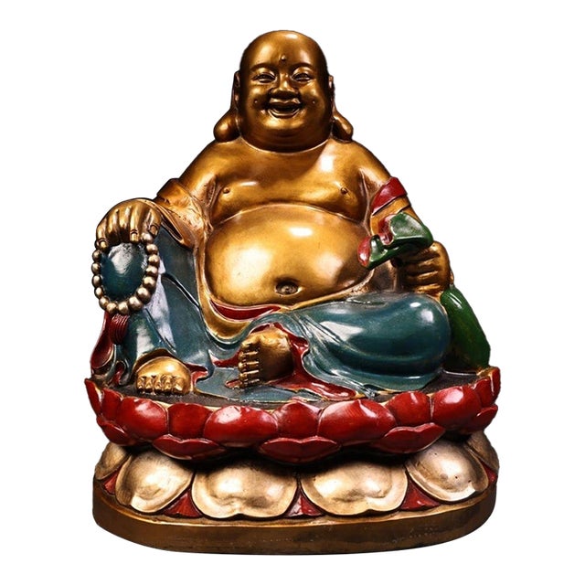 1980s Hand-Painted Gilt Solid Copper Laughing Buddha Statue, Seated Maitreya Buddha on Lotus Base, Chinoiserie Sculpture For Sale