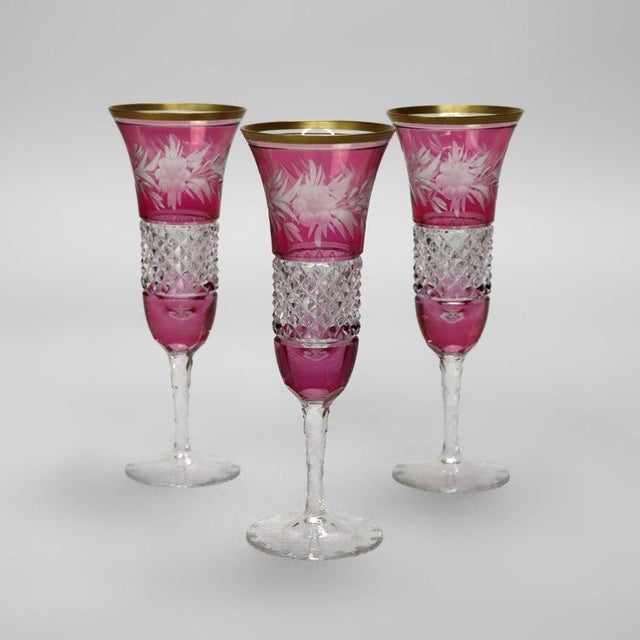 Art Nouveau Three Antique Bohemian Rose Floral Cut to Clear Crystal Champagne Flutes For Sale - Image 3 of 6