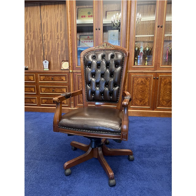 Traditional Ornate Carved Walnut Wood & Tufted Brown Genuine Leather Executive Office Chair For Sale - Image 3 of 3