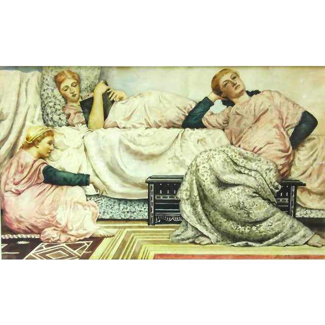 Original watercolor painting on paper by Advent Hunstone, British artist 1858-1927, "June - 1927" scene of three languid...