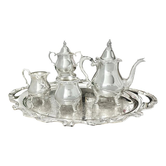 Mid 20th Century Wallace La Reine Silver Plated Tea & Coffee Service Set With Tray - 6 Piece Set For Sale