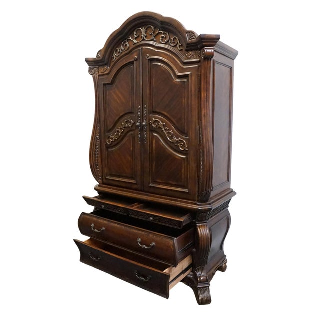Wood Aico Michael Amini Romanza Collection Old World Baroque 54" Bombe Media Armoire - Deep Claret Finish 74080 For Sale - Image 7 of 14
