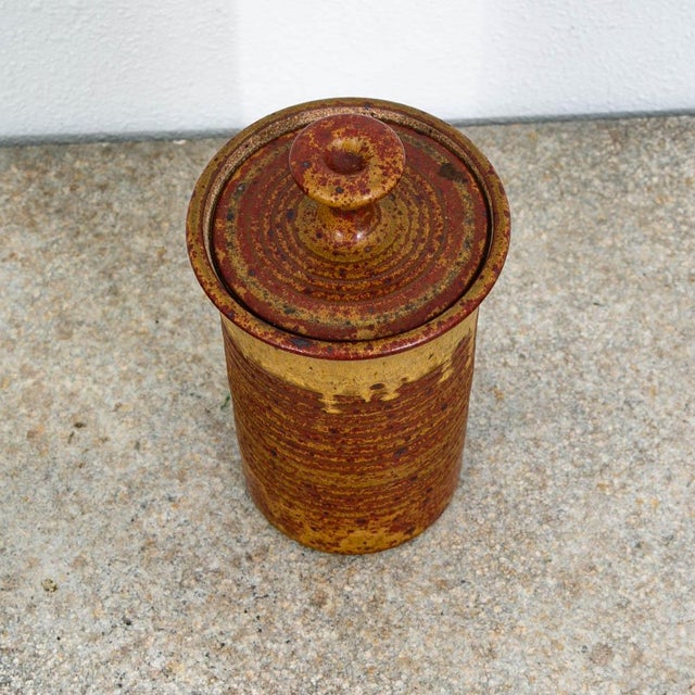 Mid Century Modern Lidded Jar Pot Round Clay Brown Studio Pottery Stoneware MCM For Sale - Image 12 of 12