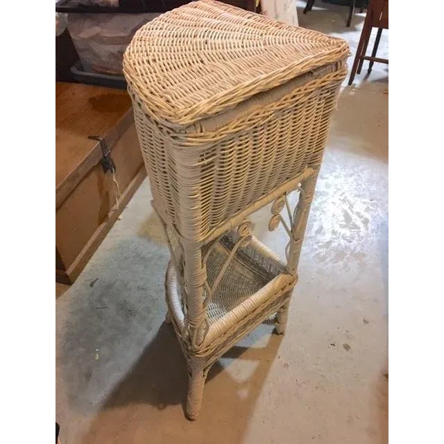 Vintage White Wicker Corner Stand W Storage For Sale - Image 4 of 11