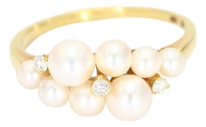 18k Yellow Gold Ring With Eight Pearls & Three Diamond Accents, Size 6.75