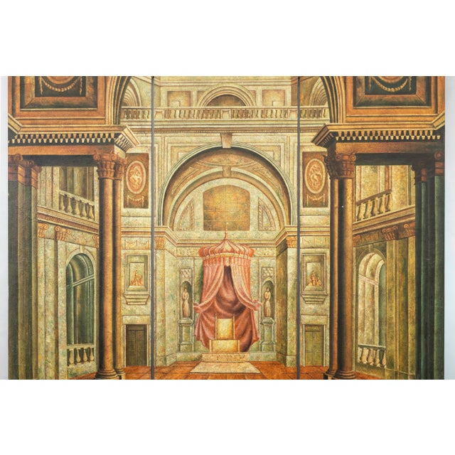 Wood Vintage Painted Three-Panel Folding Screen with Trompe-l’Œil Palace Interior and Throne Scene For Sale - Image 7 of 12