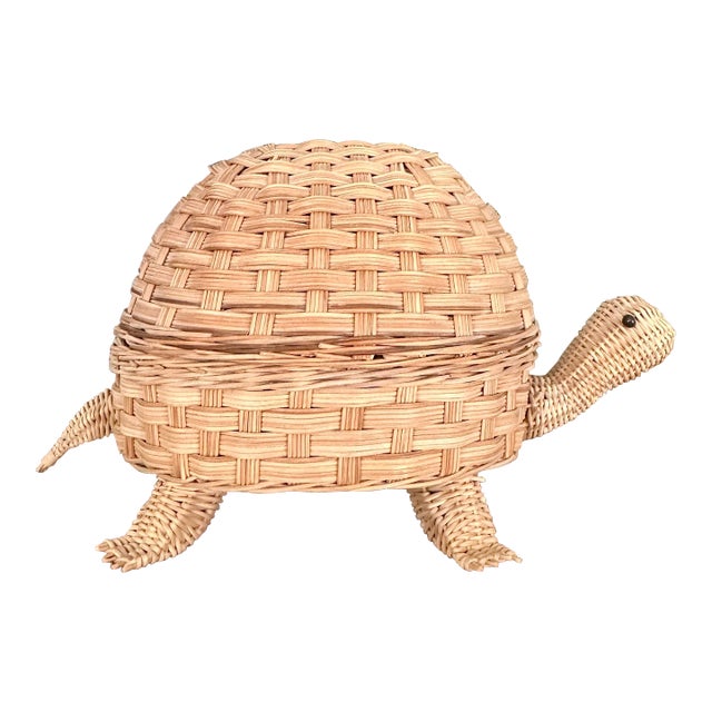 1980s Wicker Turtle Basket With Lid For Sale