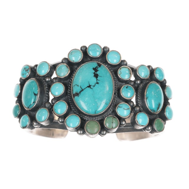 6.5" Db Heavy Native American Sterling Turquoise Cluster Cuff Bracelet For Sale - Image 4 of 11