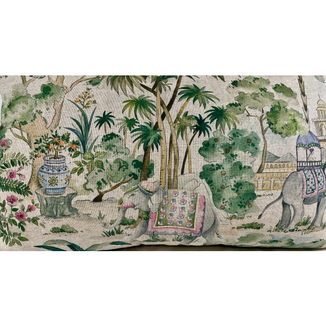 Cream Large Bolster Pillow Decorated With an Exotic Scene of Elephants Beneath a Cool Canopy of Palm Trees and Pink Flowers - Made in U K For Sale - Image 8 of 12